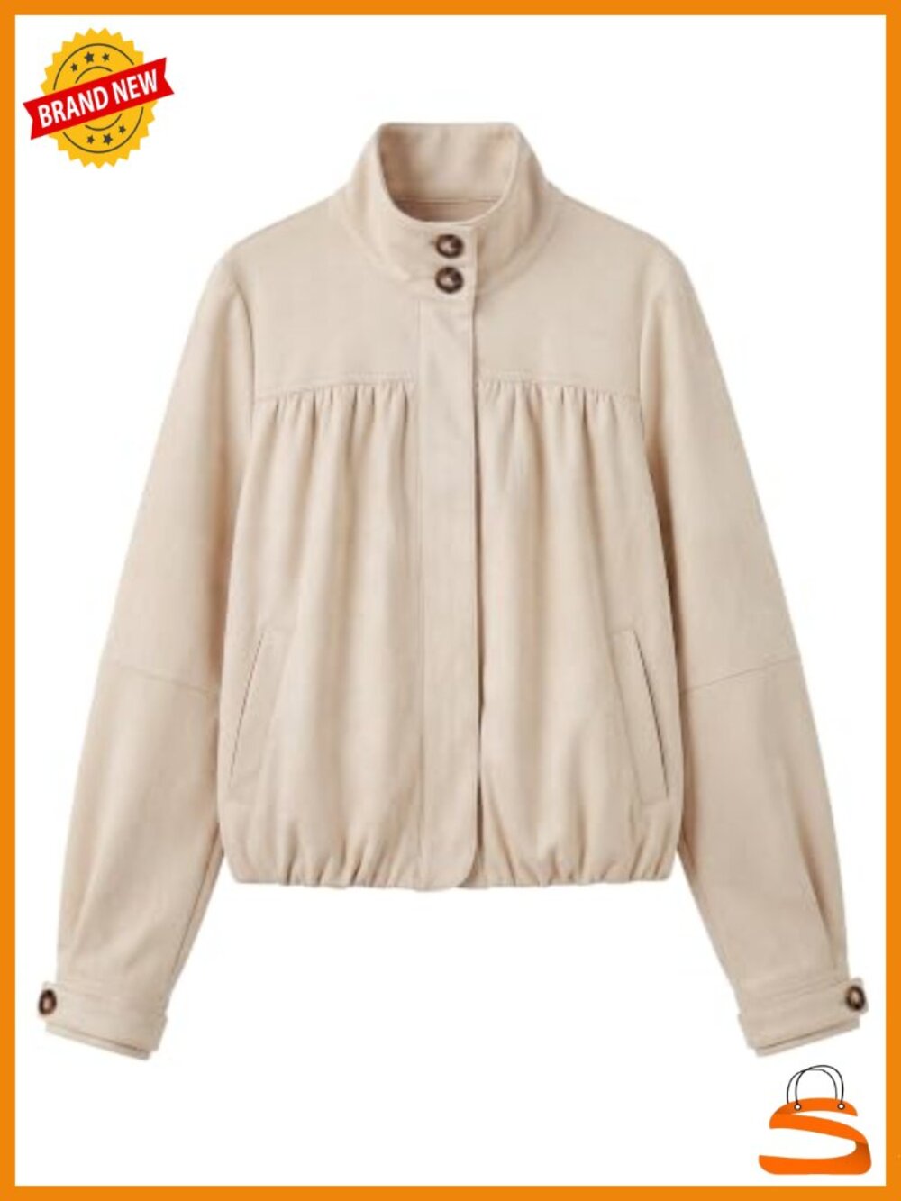 Faux Suede Button Up Bubble Jacket Long Sleeve Funnel Neck